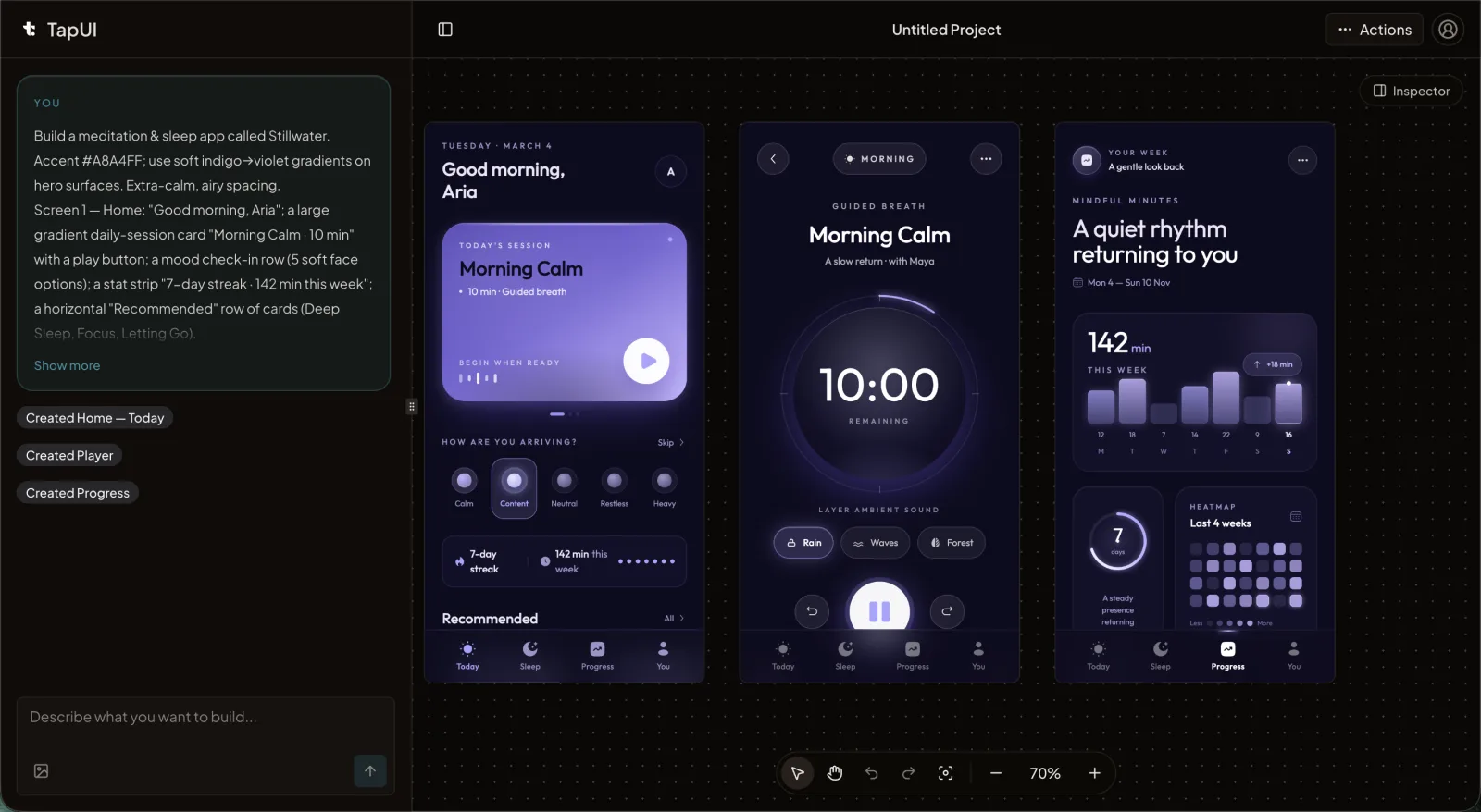 Refining a generated mobile screen inside the TapUI editor