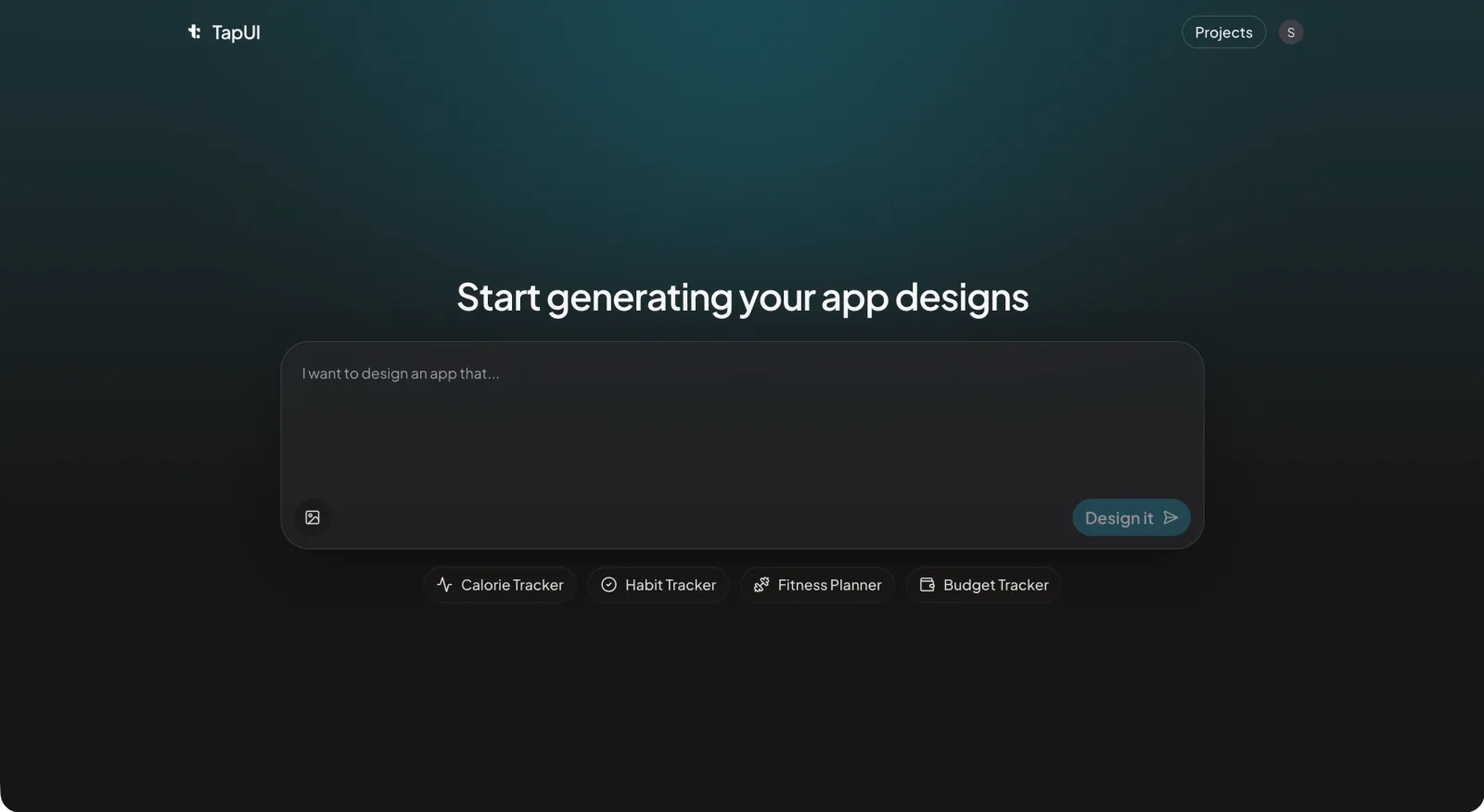 Describing a mobile app in plain text in the TapUI Studio prompt box to generate UI screens
